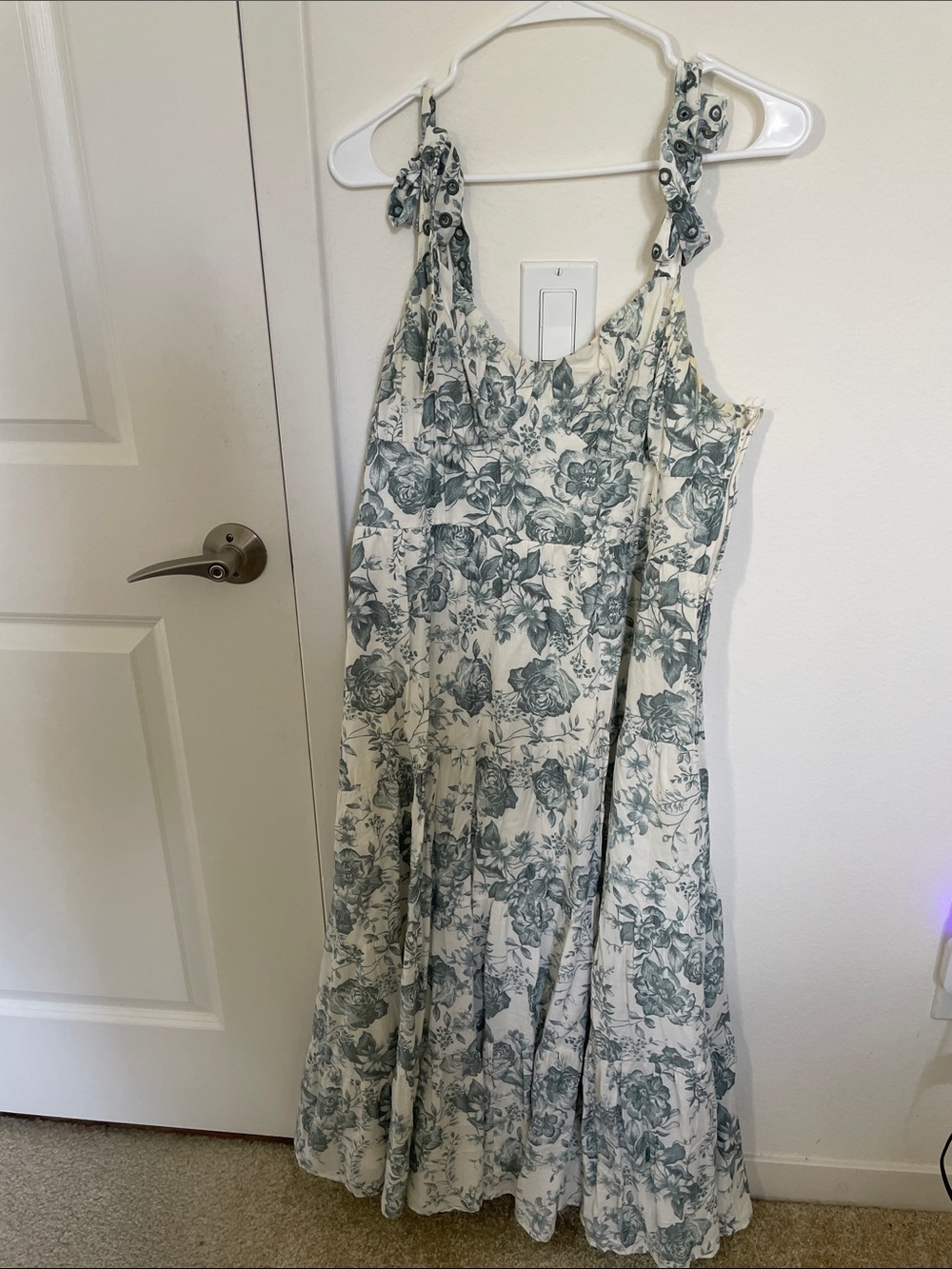 Francesca’s (USED) Floral Tie-Shoulder Maxi Dress in Sage and Cream